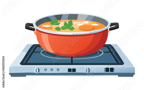 simmering soup on stovetop - Vector Illustration