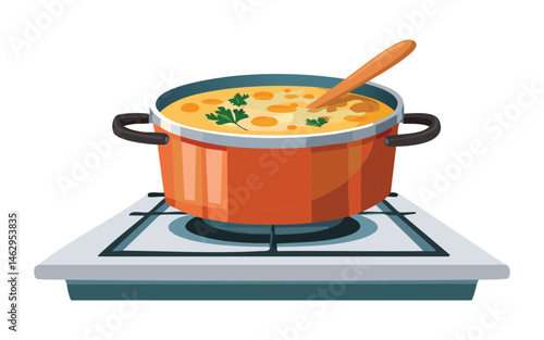 Vegetable soup cooking in pot with a wooden spoon on the stove - vector illustration