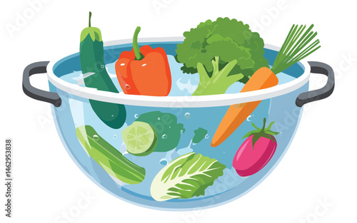 vegetables soaking in a clear glass bowl filled with water - vector illustration