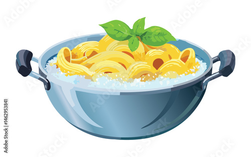 Cooked pasta in a metal bowl and garnished with basil leaves - vector illustration
