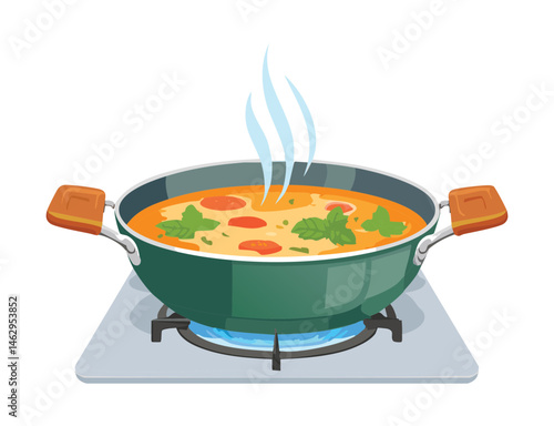 A green wok cooking tomato herb soup and steam rising above the pan - vector illustration