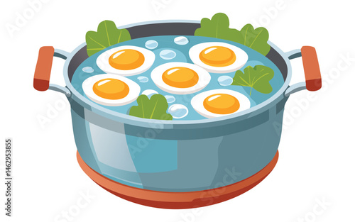 eggs cooling in a bowl of cold water with green leaves - vector illustration