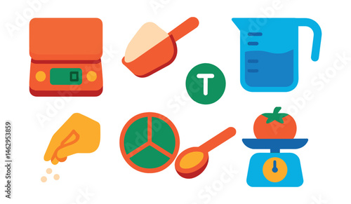 Flat vector icons of food measuring and scaling: digital kitchen scale, scoop of flour, measuring jug with water, tare weight button, small pinch of salt, portion divider, tablespoon of oil, scale