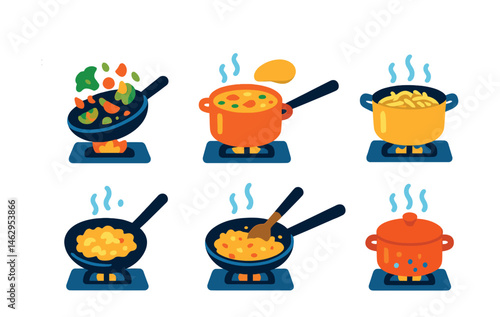 Flat vector icons of stovetop cooking moments: sautéing vegetables, simmering soup, flipping pancake, boiling pasta, scrambled eggs in skillet, risotto being stirred, searing steak, covered pot
