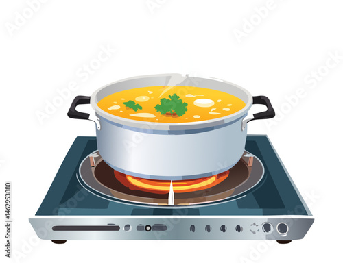 simmering vegetable broth on an electric stove garnished with parsley - vector illustration