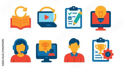 Flat vector icons of education and skills development careers: lifelong learning consultant badge, online education strategist badge, learning experience designer planner, edtech innovation manager