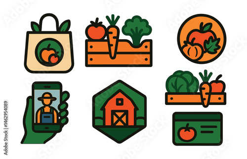 Flat vector icons of farm-to-table eating: farmers market shopping bag badge, local organic produce crate, farm fresh vegetables icon, seasonal eating guide badge, supporting local farmers app,