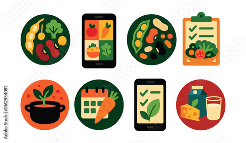 Flat vector icons of plant-based eating habits: plant protein sources guide badge, colorful vegan meals app, legumes and beans variety badge, whole food plant-based diet planner, vegan cooking