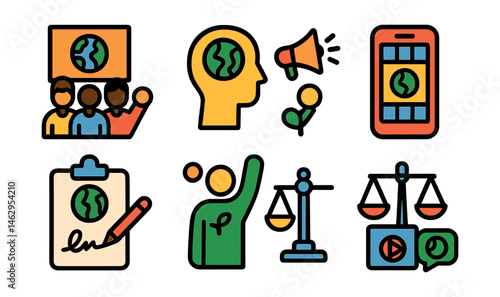 Flat vector icons of climate change activism: climate march protest badge, environmental awareness campaign icon, activist toolkit app, school strike for climate badge, public climate petition