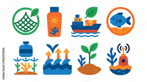 Flat vector icons of ocean-friendly innovations: biodegradable fishing nets badge, reef-safe sunscreen promotion, sustainable shipping initiatives, plastic-free packaging for seafood badge, marine