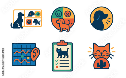 Flat vector icons of pet communication: body language interpretation guide, pet mood tracker badge, calming signals in dogs badge, happy cat signals icon, vocalization meaning chart, stress signs