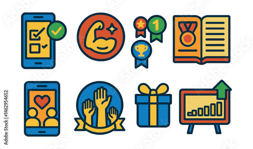 Flat vector icons of fitness motivation tools: goal achievement tracker app, motivational fitness quotes badge, fitness milestone badges set, personal best record planner, workout buddy system app,