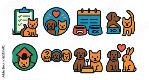 Flat vector icons of multi-pet households: introducing new pet checklist, peaceful multi-pet home badge, separate feeding stations planner, playtime sharing for pets guide, common space harmony badge