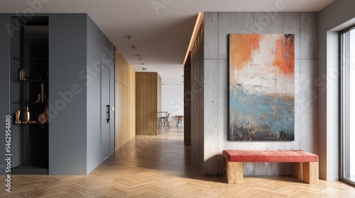 Modern apartment entrance with tall canvas art (mockup)  