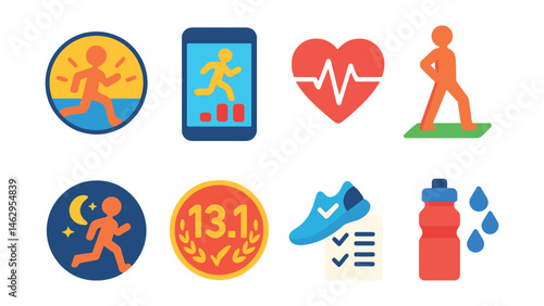 Flat vector icons of morning running routines: sunrise jogger badge, personal running tracker app icon, heart rate monitor badge, warm-up before running guide, evening cool-down jog plan,