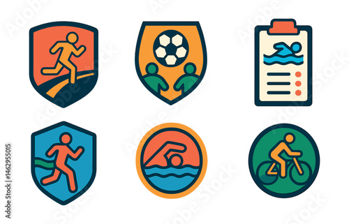 Flat vector icons of amateur sports competitions: local marathon badge, community soccer tournament icon, amateur tennis league badge, swimming race event planner, charity fun run badge, open water