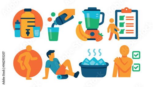 Flat vector icons of hydration and recovery: sports hydration station badge, electrolyte drink guide, post-workout smoothie recipes icon, cooling down after exercise checklist, muscle recovery