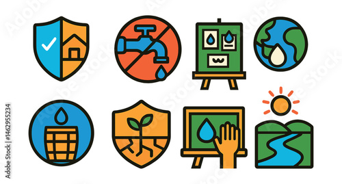 Flat vector icons of water conservation awareness: saving water at home checklist badge, turning off taps reminder icon, water conservation posters project, rainwater collection awareness badge,