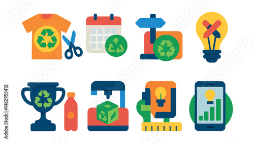 Flat vector icons of recycling innovation ideas: recycling old clothes into crafts badge, second-hand market event planner, tech recycling awareness badge, creative reuse competition badge, recycled