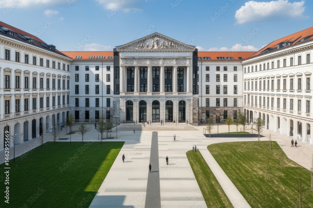 Naklejka premium Modern university campus courtyard, featuring a grand building, paved walkways, and manicured lawns
