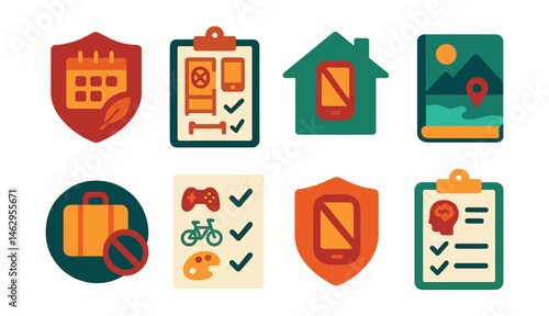 Flat vector icons of digital detox practices: weekly digital detox badge, weekend without gadgets plan icon, device-free zones at home badge, digital detox retreat guide, vacation with minimal tech