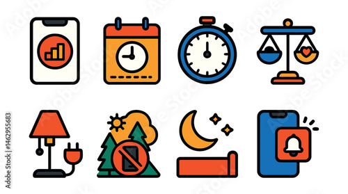 Flat vector icons of screen time management: screen time tracking app badge, daily screen time limit planner, focus timer for study sessions badge, digital balance goal setting badge, unplug hour