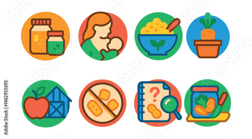 Flat vector icons of natural baby nutrition: homemade baby food jars badge, breastfeeding symbol badge, organic baby cereals planner, growing baby vegetables at home badge, farm-to-table baby food