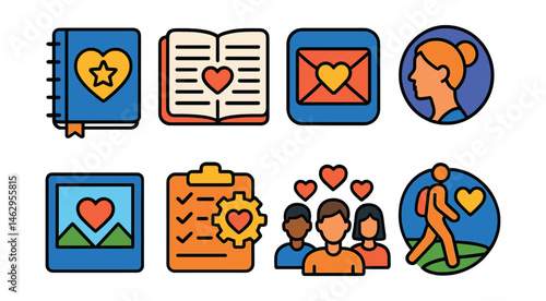 Flat vector icons of gratitude practices: gratitude journal for teens badge, daily gratitude prompts planner, thank you notes app icon, gratitude visualization exercises badge, gratitude photo