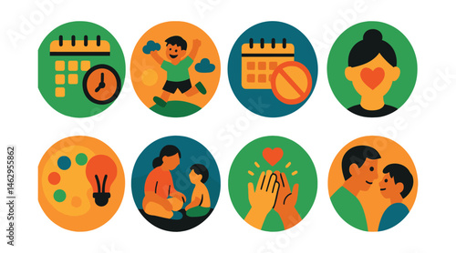Flat vector icons of slow parenting practices: simplifying daily schedules badge, encouraging outdoor free play badge, limiting overscheduling badge, practicing mindful parenting badge, creating