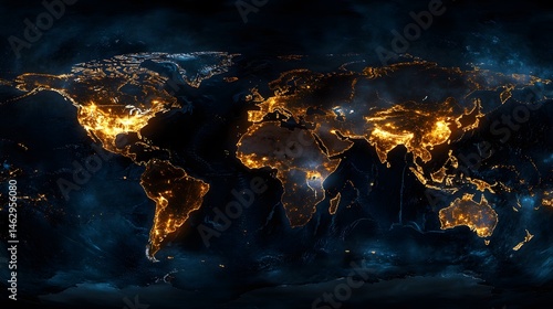 A world map illuminated with city lights against a dark blue and black space background view from space