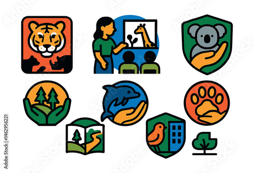 Flat vector icons of animal protection education: endangered species poster badge, wildlife conservation workshops icon, zoo animal care badge, habitat preservation activities badge, protecting