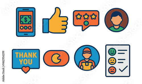 Flat vector icons of delivery customer interaction: tipping screen, thumbs-up feedback, review and stars icon, customer profile image, thank you note card, order again button, message courier option,