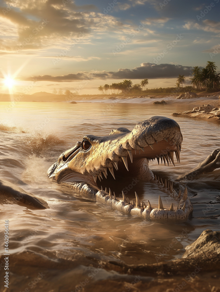 Fototapeta premium Prehistoric sarcosuchus imperator emerging from water at sunset on tropical beach
