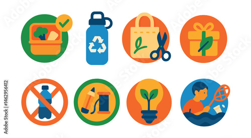Flat vector icons of plastic reduction activities: plastic-free lunchbox challenge badge, reusable water bottle drive icon, cloth bag making workshop badge, eco-friendly gift wrapping badge, school