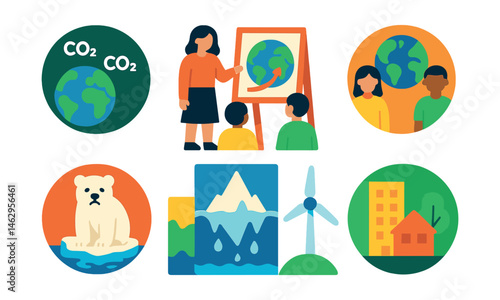 Flat vector icons of climate change education: understanding greenhouse gases badge, classroom climate change poster project, global warming roleplay activities badge, visual climate change timeline