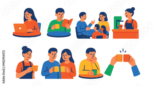 Flat vector icons of customer café moments: working on laptop, reading book with coffee, group chatting at table, person ordering at counter, barista serving smile, couple with coffee cups, quiet