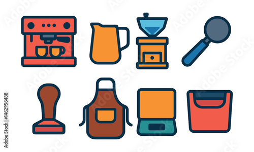 Flat vector icons of barista tools and equipment: espresso machine, milk frothing pitcher, coffee grinder, portafilter, tamper tool, barista apron, digital scale, knock box.
