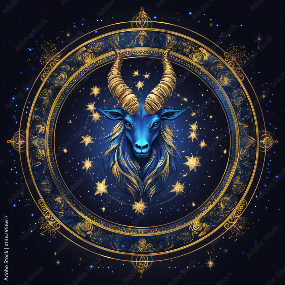 Obraz premium Capricorn zodiac emblem in golden celestial circle against starry night 