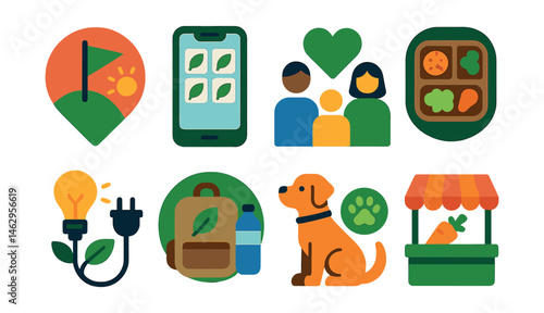 Flat vector icons of eco-habits building: daily eco-challenges badge, eco-habits tracker for kids app, green family pledge poster, eco-friendly lunch ideas badge, reducing electricity use habits,