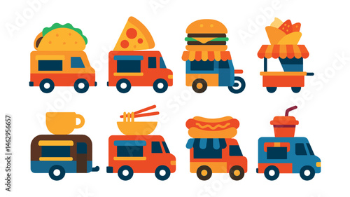 Flat vector icons of food truck specialties: taco truck, pizza food van, burger cart, crepe stand, coffee trailer, noodle van, hot dog wagon, smoothie truck.