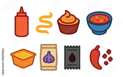 Flat vector icons of sauces and condiments: ketchup squeeze bottle, mustard swirl, spicy mayo cup, salsa dish, cheese dip tray, garlic sauce pouch, soy sauce packet, chili flakes icon.