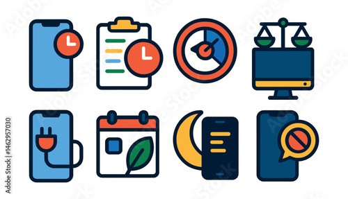 Flat vector icons of screen time management: screen time tracking app badge, daily screen time limit planner, focus timer for study sessions badge, digital balance goal setting badge, unplug hour