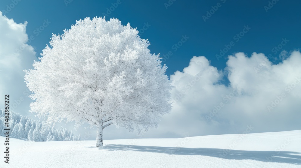 Fototapeta premium Snowy winter landscape with a frosted tree. Frosted tree stands on a snow-covered field under a clear blue sky