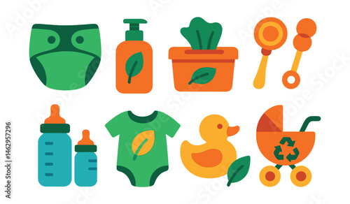 Flat vector icons of eco-friendly baby care: reusable cloth diapers badge, organic baby lotion planner, natural baby wipes badge, wooden baby rattles badge, glass baby bottles badge, organic cotton