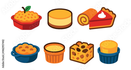 1.Flat vector icons of baked desserts: apple crumble, baked cheesecake, sponge cake roll, sweet pie slice, cobbler dish, baked custard, bread pudding, soufflé ramekin.