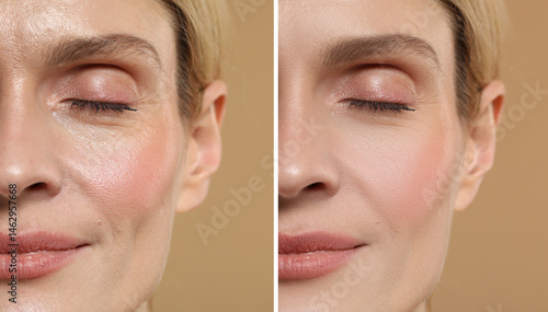 Fotografia Woman showing face before and after collagen consumption on beige background, closeup