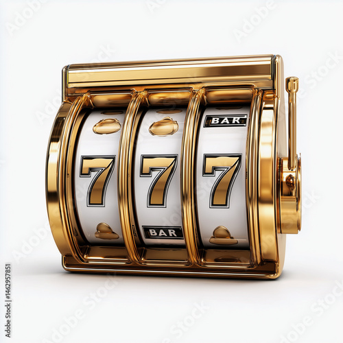 Golden slot machine with triple sevens and bar symbols on glossy white background
