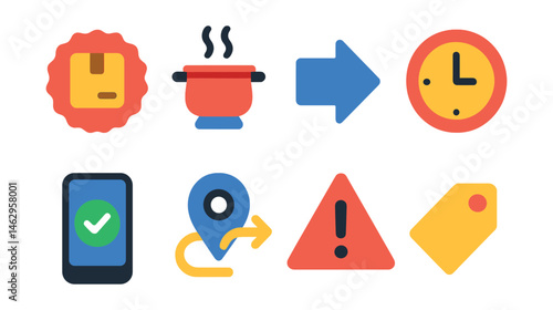 Flat vector icons of order status and logistics: order received badge, food being prepared icon, out for delivery arrow, ETA countdown clock, delivered success screen, reroute icon, delayed warning,