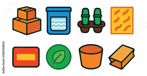 Flat vector icons of delivery packaging materials: paper box stack, insulated liner bag, drink holder tray, greaseproof wrap, packaging label, eco sticker, cardboard sleeve, kraft food wrapper.