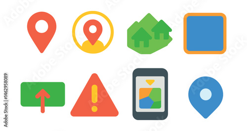 Flat vector icons of delivery zones and coverage: map pin icons, delivery radius circle, neighborhood area icon, zip code highlight, expanded coverage banner, delivery unavailable alert, zone